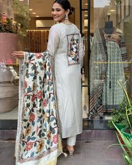 Ivory Kurta Set with Multicolor Printed Dupatta