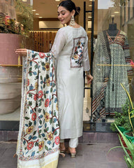 Ivory Kurta Set with Multicolor Printed Dupatta