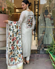 Ivory Kurta Set with Multicolor Printed Dupatta