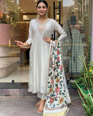 Ivory Kurta Set with Multicolor Printed Dupatta