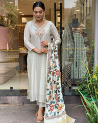 Ivory Kurta Set with Multicolor Printed Dupatta