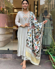 Ivory Kurta Set with Multicolor Printed Dupatta