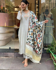 Ivory Kurta Set with Multicolor Printed Dupatta