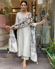 Ivory Kurta Set with Multicolor Printed Dupatta