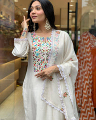 Off-White Embroidered Kurta Set with Minimal Dupatta