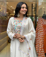 Off-White Embroidered Kurta Set with Minimal Dupatta
