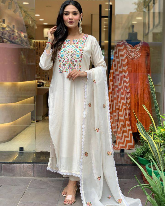 Off-White Embroidered Kurta Set with Minimal Dupatta
