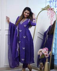Olive Green Anarkali Kurta Set with White Floral Embroidery