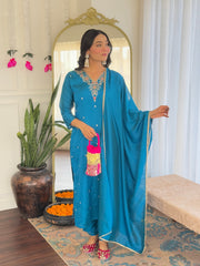 Teal Blue Embroidered Kurta Set