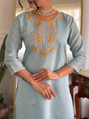 Sky Blue Chanderi Kurta Set with Mustard Bandhani Dupatta