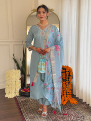 Powder Blue Embroidered Kurta Set with Floral Dupatta