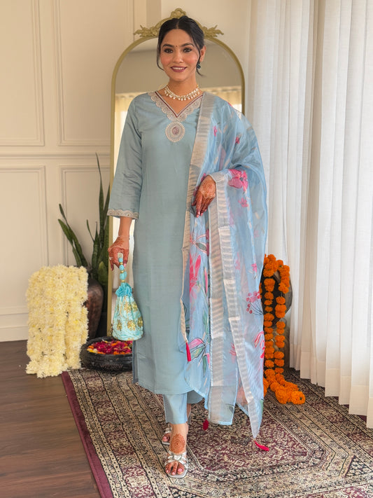 Powder Blue Embroidered Kurta Set with Floral Dupatta