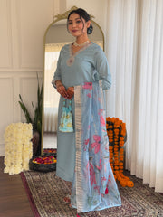 Powder Blue Embroidered Kurta Set with Floral Dupatta
