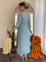 Powder Blue Embroidered Kurta Set with Floral Dupatta