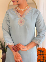 Powder Blue Embroidered Kurta Set with Floral Dupatta