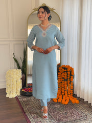 Powder Blue Embroidered Kurta Set with Floral Dupatta