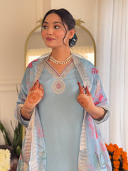 Powder Blue Embroidered Kurta Set with Floral Dupatta
