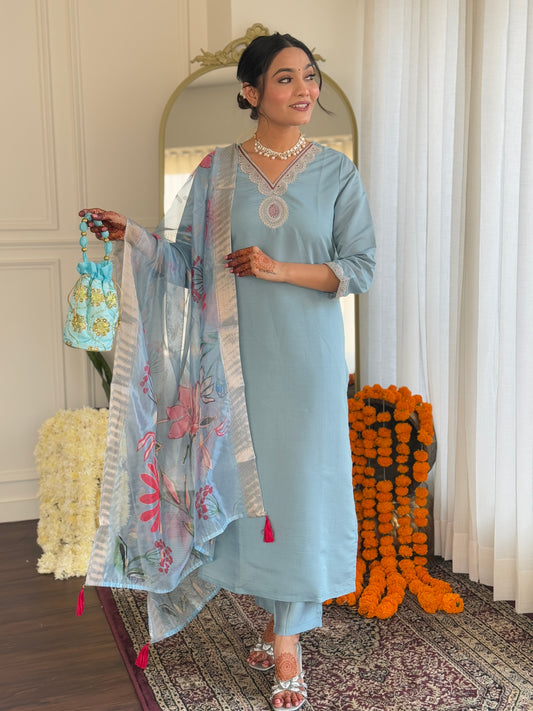 Powder Blue Embroidered Kurta Set with Floral Dupatta