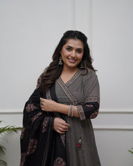 Black &amp; Beige Printed Anarkali Set with Dupatta