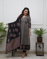 Black &amp; Beige Printed Anarkali Set with Dupatta