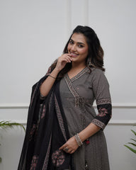 Black &amp; Beige Printed Anarkali Set with Dupatta