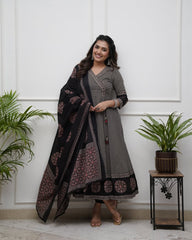 Black &amp; Beige Printed Anarkali Set with Dupatta