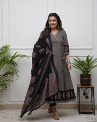 Black &amp; Beige Printed Anarkali Set with Dupatta