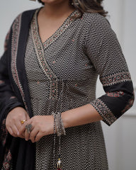 Black &amp; Beige Printed Anarkali Set with Dupatta