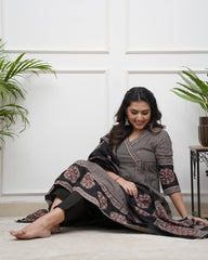 Black &amp; Beige Printed Anarkali Set with Dupatta