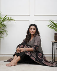 Black &amp; Beige Printed Anarkali Set with Dupatta