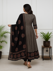 Black &amp; Beige Printed Anarkali Set with Dupatta