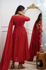 Red Anarkali Kurta Set with Gold Embroidery
