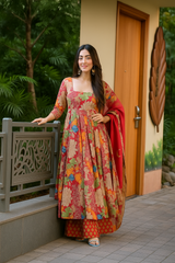 Red and Multi-color Floral Anarkali Set