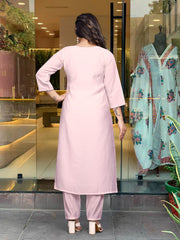Light Pink Floral Kurta Set with Printed Dupatta