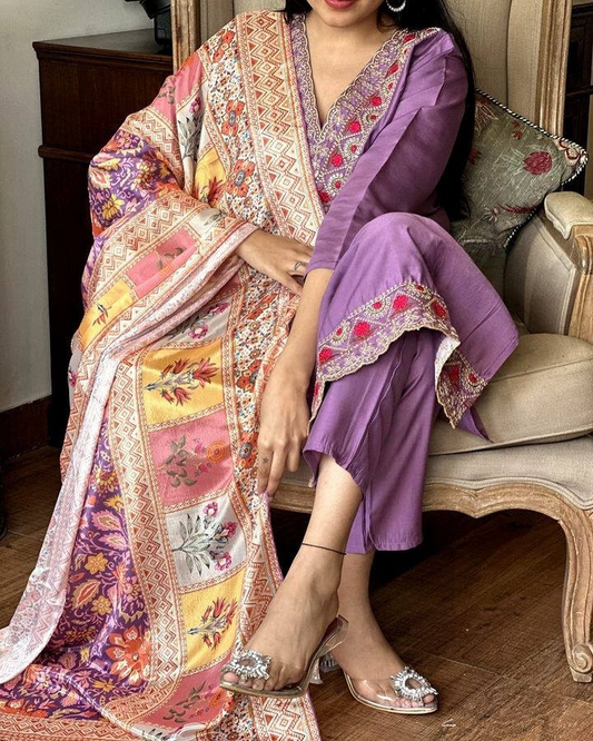 Purple Embroidered Kurta Set with Multicolor Dupatta