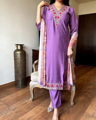 Purple Embroidered Kurta Set with Multicolor Dupatta