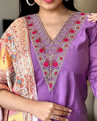 Purple Embroidered Kurta Set with Multicolor Dupatta