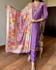 Purple Embroidered Kurta Set with Multicolor Dupatta