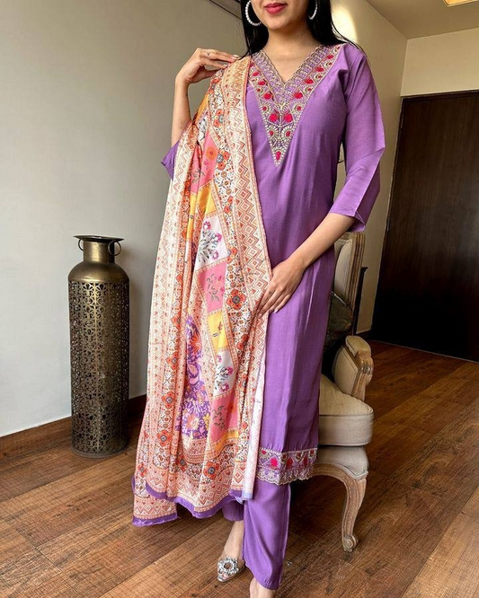 Purple Embroidered Kurta Set with Multicolor Dupatta