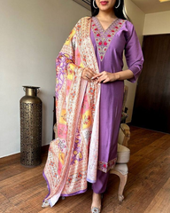 Purple Embroidered Kurta Set with Multicolor Dupatta