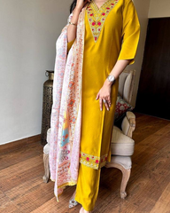 Purple Embroidered Kurta Set with Multicolor Dupatta