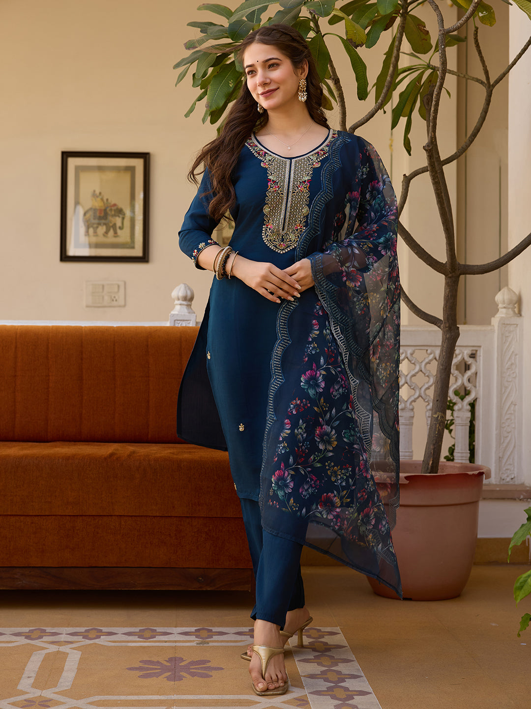 Dusty Rose Kurta Set with Floral Print Dupatta
