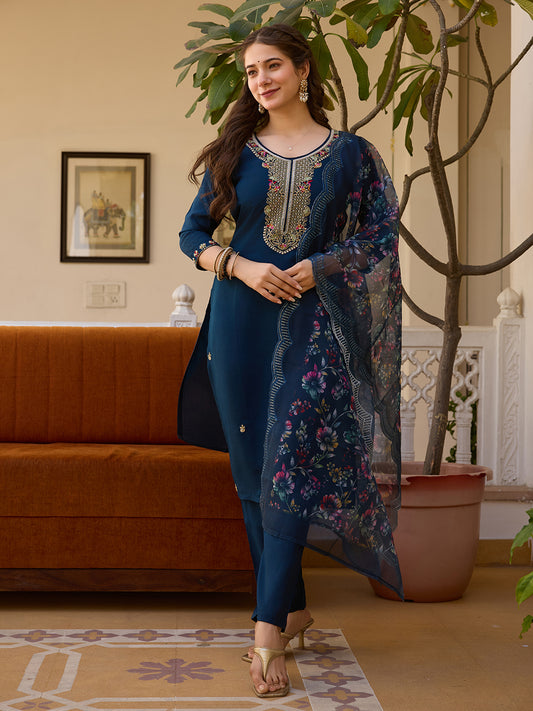 Dusty Rose Kurta Set with Floral Print Dupatta