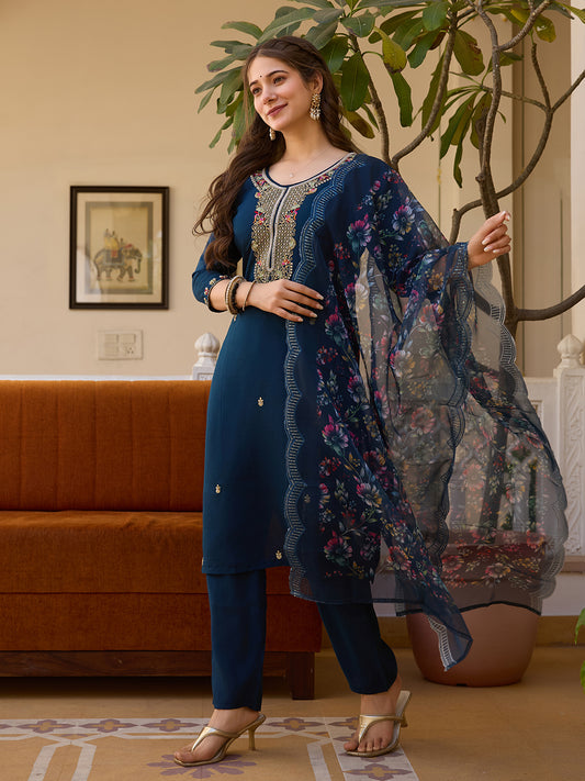 Dusty Rose Kurta Set with Floral Print Dupatta