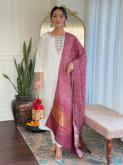 White Kurta Set with Maroon Banarasi Dupatta