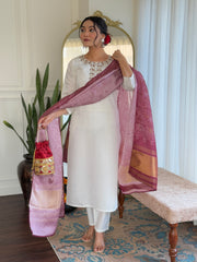 White Kurta Set with Maroon Banarasi Dupatta