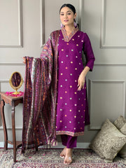 Off-White Kurta Set with Floral Print Dupatta