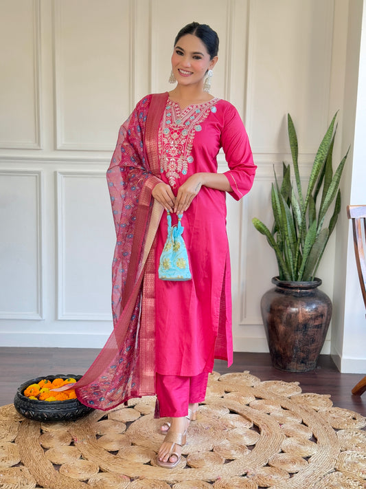 Title – Dark Pink Kurta Set with Bandhani Dupatta