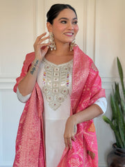 White Silk Kurta Set with Rani Pink Banarasi Dupatta