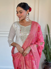White Silk Kurta Set with Rani Pink Banarasi Dupatta